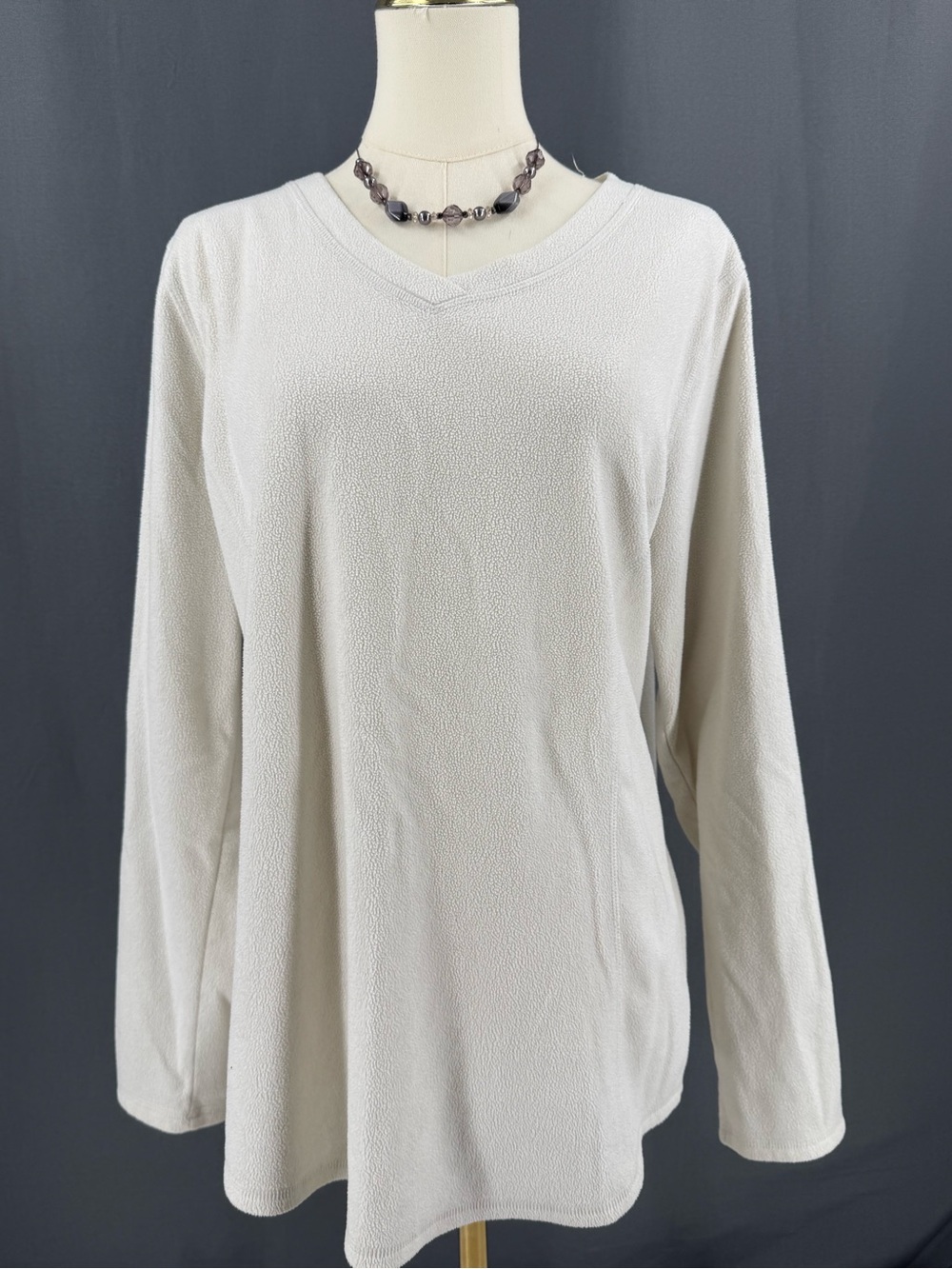 Classic V-Neck Long Sleeve fleece like Sweater - Cream